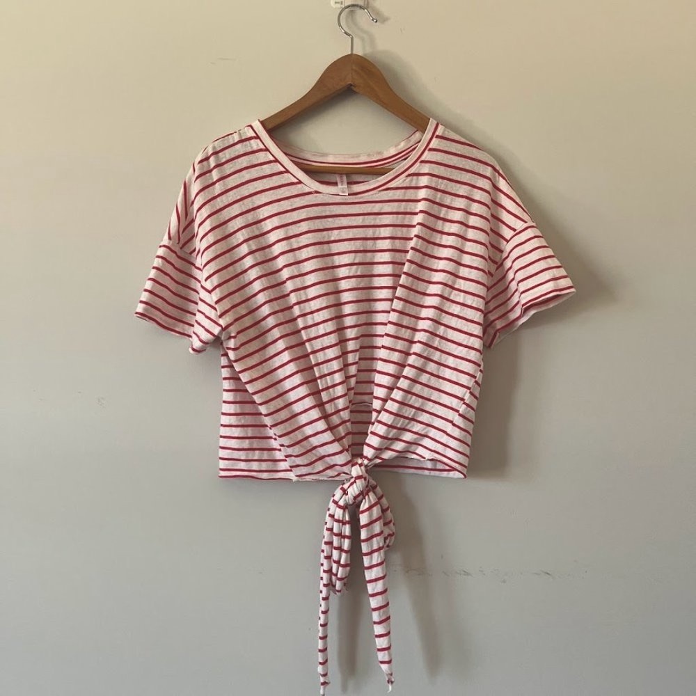 Xhilaration Red & White Striped Cropped Tie Waist Top